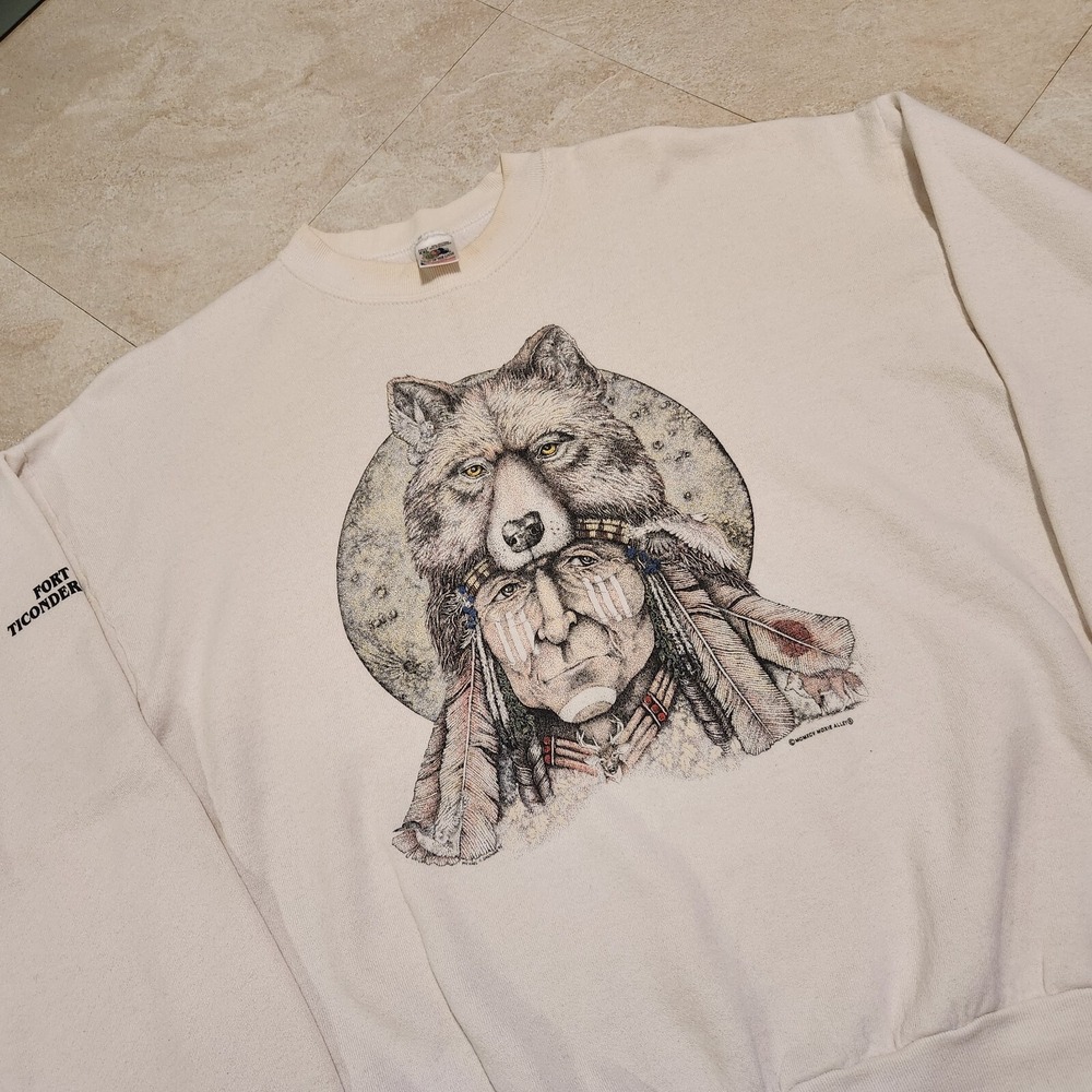 VTG 90s Fort Ticonderoga Men 2XL Native American Indian Wolf Crewneck Sweatshirt
